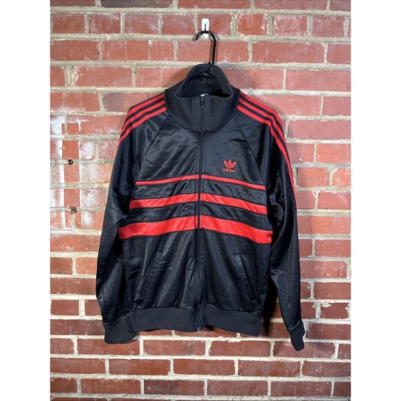 Vintage 80s Adidas Track Suit Jacket USA Made Full Zip Black/Red Hiphop Sz Large - Picture 1 of 8